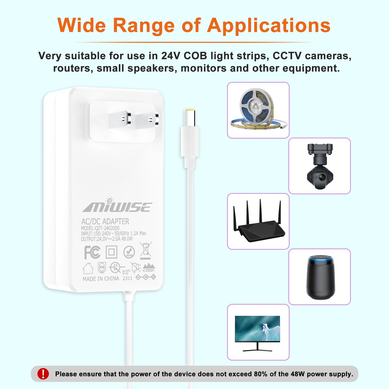 Adaptador de Fuente de Alimentación DC24 2A 48W MIWISE Blanco Convertidor AC a DC para COB LED Strip y Cámara CCTV Enchufe de EE. UU.