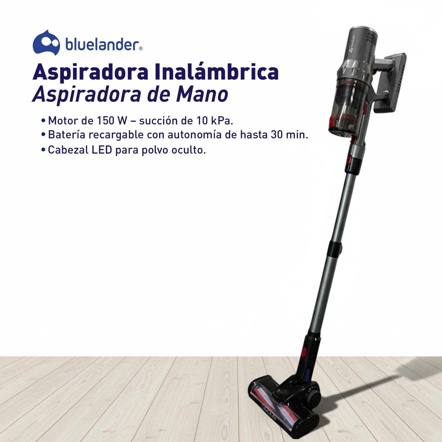 Bluelander Aspiradora Inalámbrica 150 W, Aspiradora de Mano con Tanque 0.55 L, Cabezal LED y Tubo Retráctil, Aspiradora para Auto, Hogar y Suelos, Ligera y Recargable