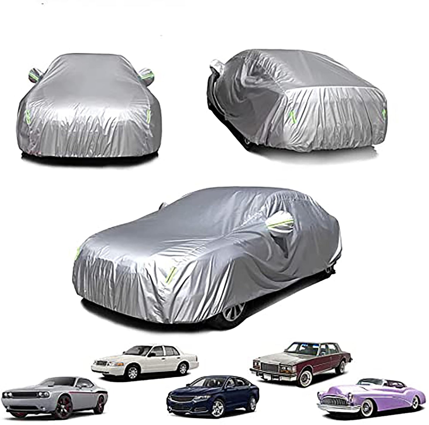 Funda de coche de 185 x 71 x 48 pulgadas resistente al sol y a la lluvia cuatro estaciones funda de coche universal reflectante del calor y del polvo para la mayoría de los coches de tamaño medio 4,7m