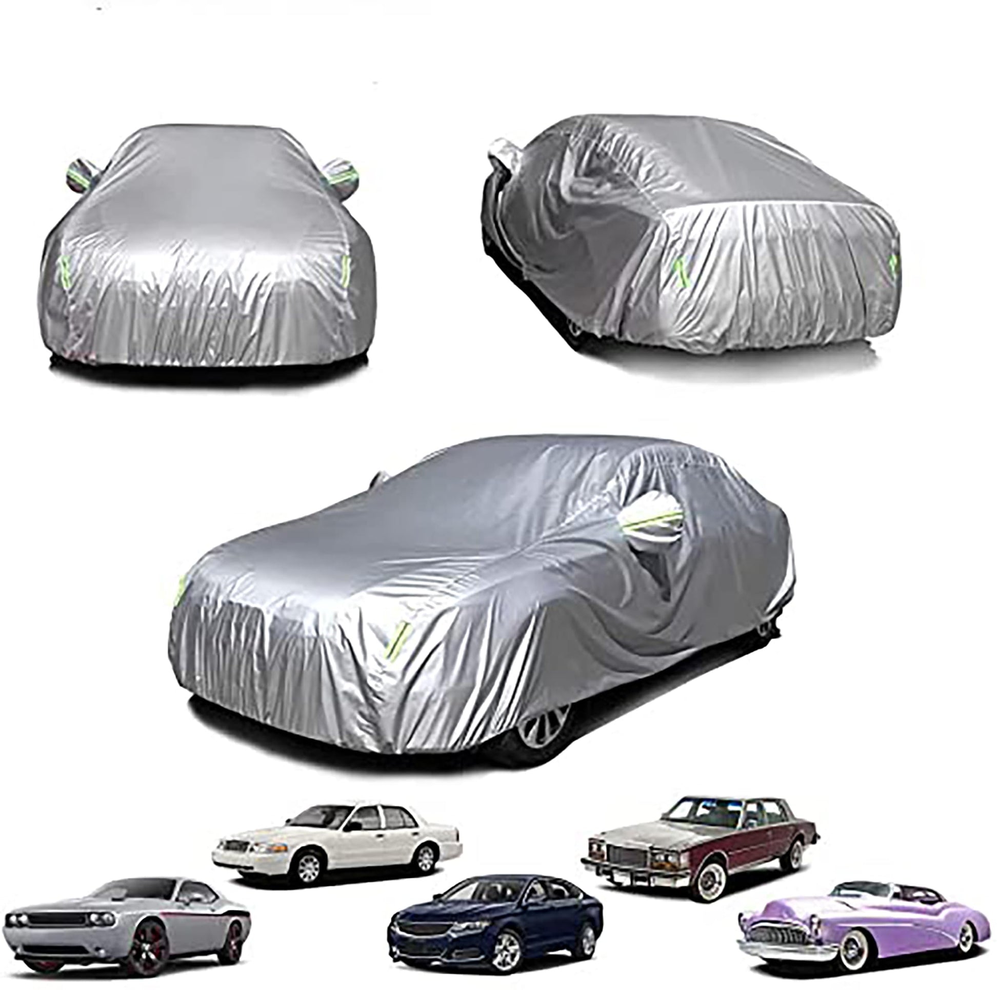 Funda de coche de 185 x 71 x 48 pulgadas resistente al sol y a la lluvia cuatro estaciones funda de coche universal reflectante del calor y del polvo para la mayoría de los coches de tamaño medio 4,7m