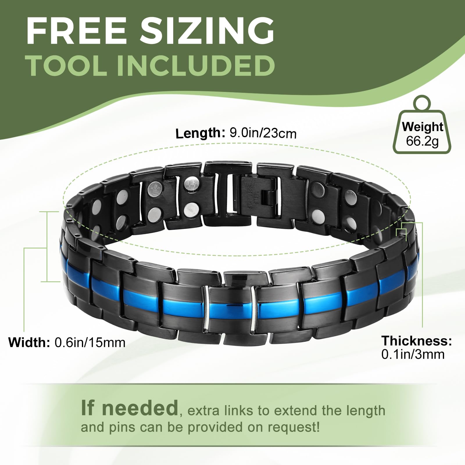 Pulsera Magnética de Terapia Hombre Acero Inoxidable Imanes Ajustable