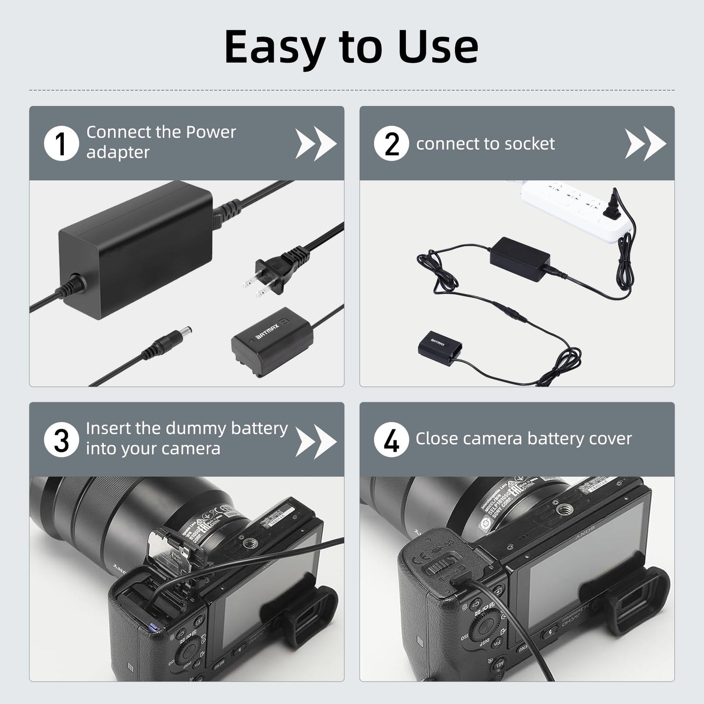 Batmax NP-FZ100 Adaptador de corriente CA y acoplador de CC Kits de cargador de batería simulado para cámaras Sony Alpha A7IV A6600 A6700 ZV-E1 A7III A7SIII A7C A1 FX3 A7R3 A7R IV, A9 A9R A9S
