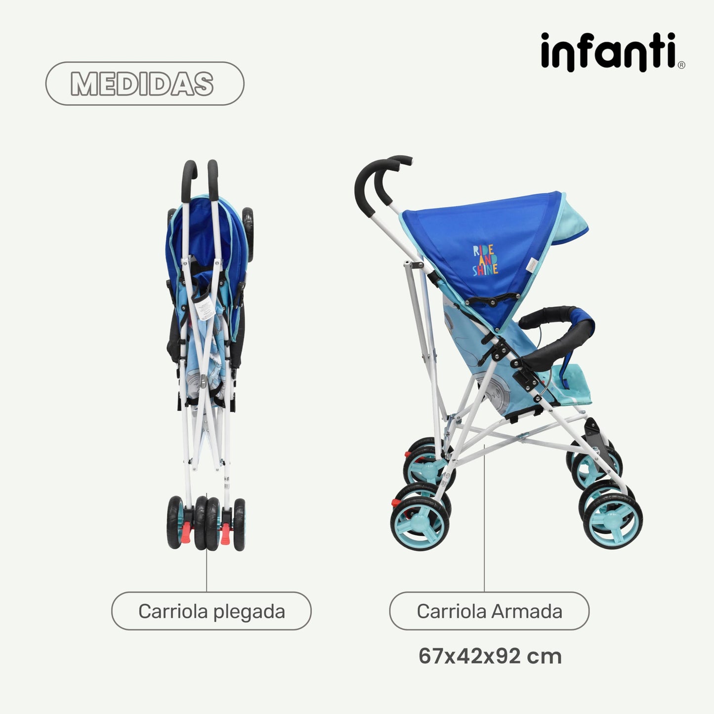 Infanti | Carriola para Bebe de Baston - Mickey Mouse | Carreola con Portabebé - Carriola de Viaje | Cosas para Bebes 6 Meses hasta 16 kg - Compacta y Plegable | Carriola de Baston Ligera con Correa