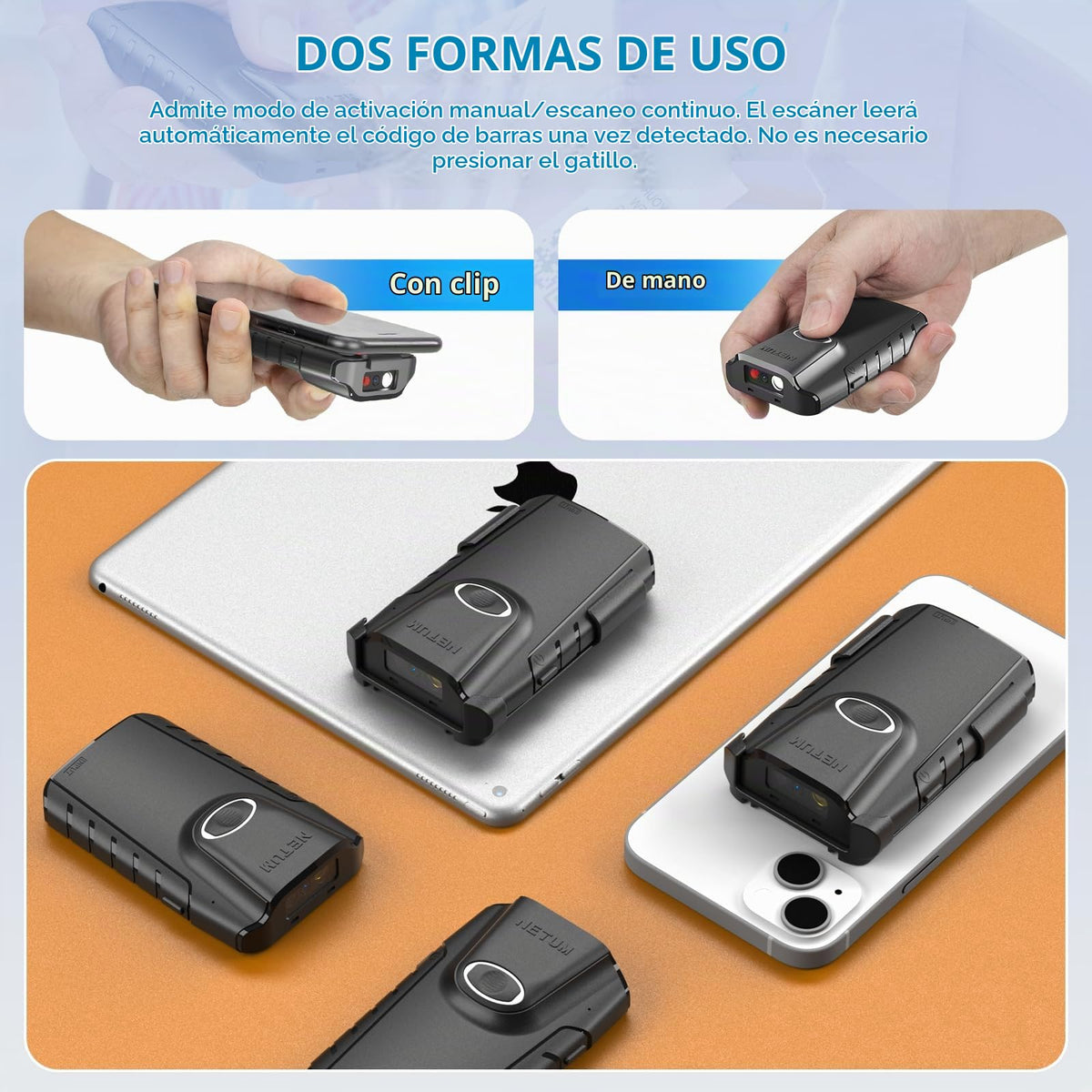 Escáner de Código de Barras NETUM Bluetooth 2D Portátil QR Automático Inalámbrico pequeño con Clip Trasero Compatible con Tablet iOS Android Windows MacOS