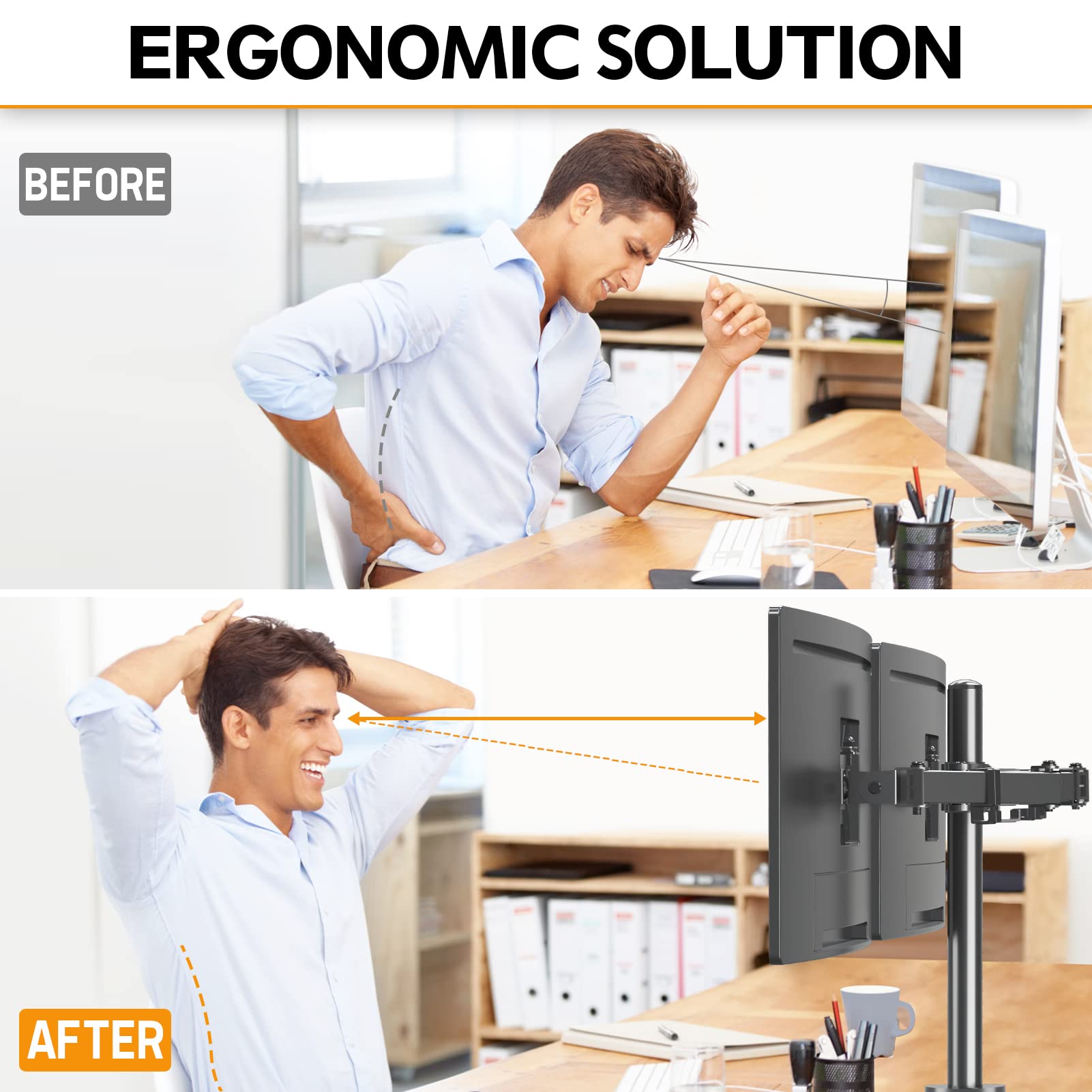 Soporte de Escritorio MOUNTUP Negro Ajustable para Dos Monitores de hasta 32 Pulgadas y 9KG