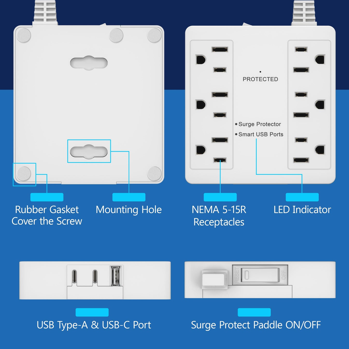 LIDER Extensor de Contactos con 6 Receptáculos, USB-A y 2 USB-C, Clavija Plana Ultra-Delgada con Extensor de Cable, Regleta de 6 Contactos, Diseño Delgado Angulado, Protector contra Sobretensiones