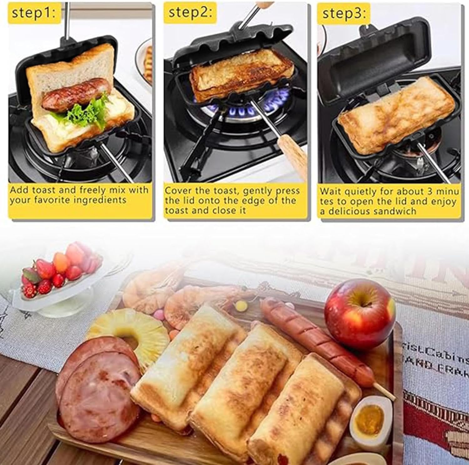 Generic Sandwichera 4w1h, Sandwichera 4w1h Hot Dog, Sandwichera para desayuno, Sartén de doble cara, Sartén antiadherente para sándwich, Máquina para hacer panqueques Herramientas de cocina (Negro)