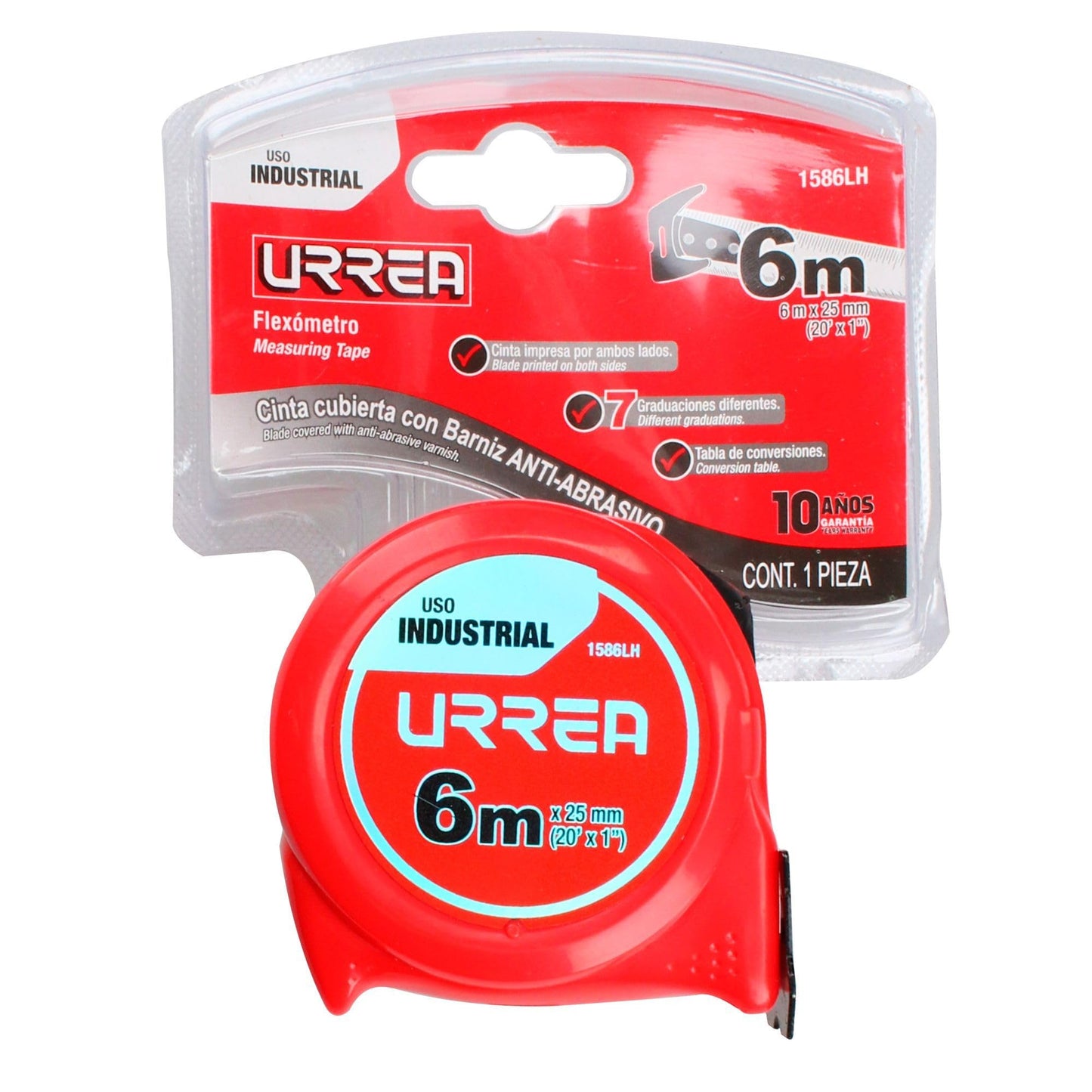 Flexómetro Industrial Urrea Rojo con Hoja de Acero y Carátula de ABS y TPR