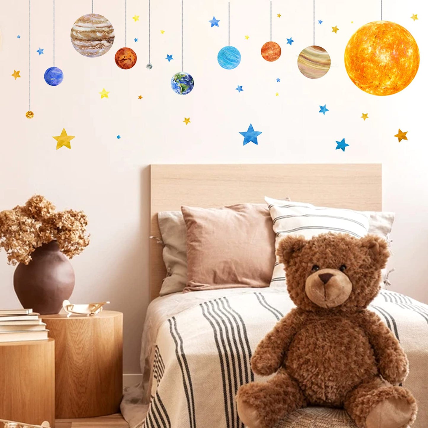 Calcomanías de pared con sistema solar extraíble, decoración de pared con estrellas de dibujos animados, decoración de pared de universo de despegar y pegar, papel pintado de vinilo para niños y niños