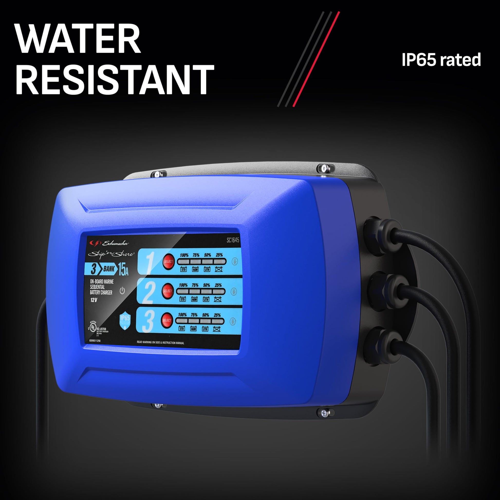 Schumacher Electric Ship 'n Shore Cargador de batería Marino de Tres Bancos, SC1645, 2 en 1, Completamente automático, Carga secuencial, Resistente al Agua, 15 amperios, 12 V, para baterías de Coche,