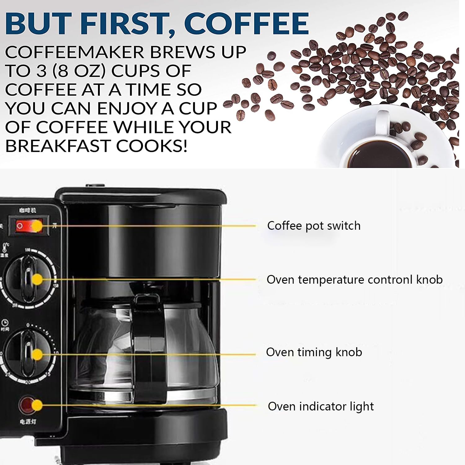 BYHIP Estación de desayuno 3 en 1 – Incluye cafetera, plancha antiadherente y horno tostador de 4 rebanadas, versátil máquina de desayuno con temporizador adecuado para