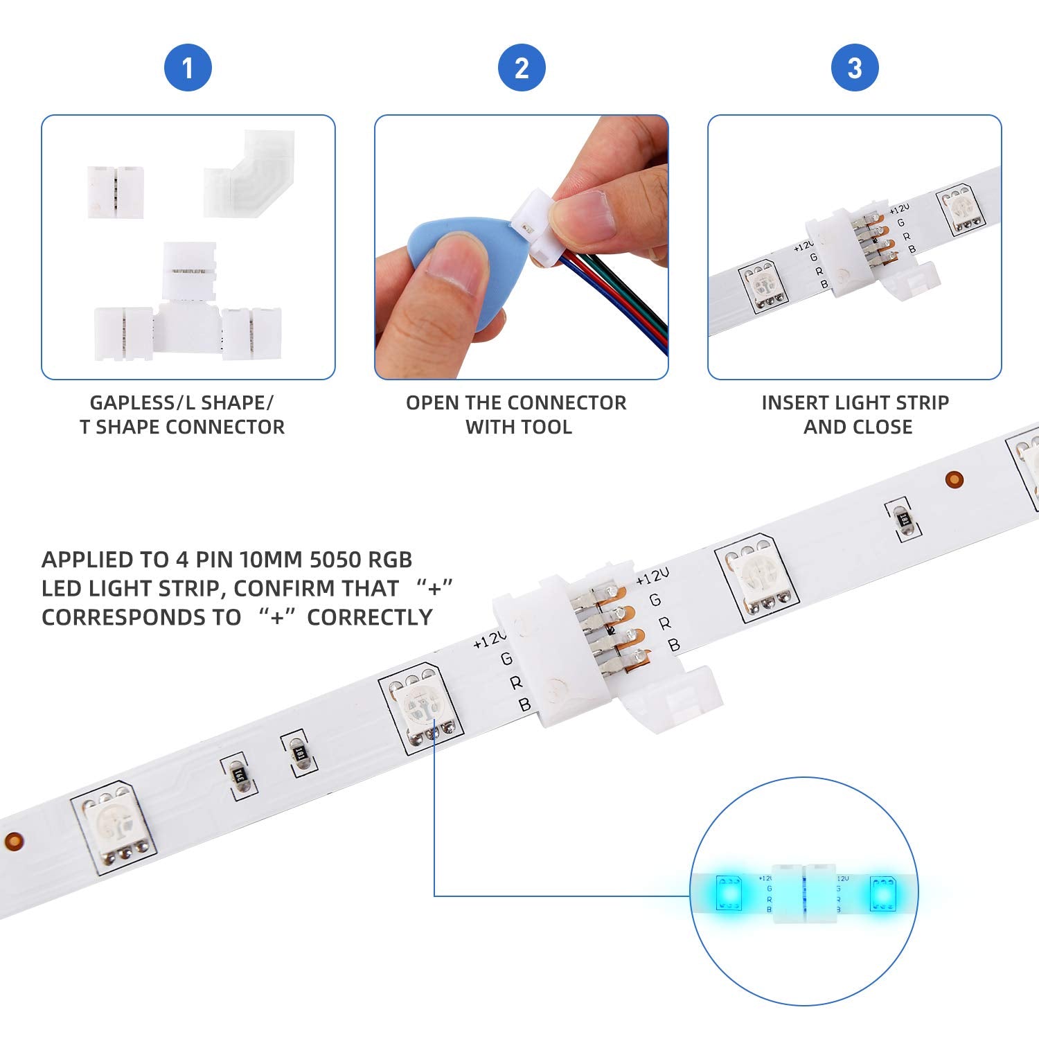 MAOXWY - Kit de conector de luz LED para tira de luces LED 5050, 4 pines, 10 mm, tiras de luz LED RGB con conectores clips y herramientas