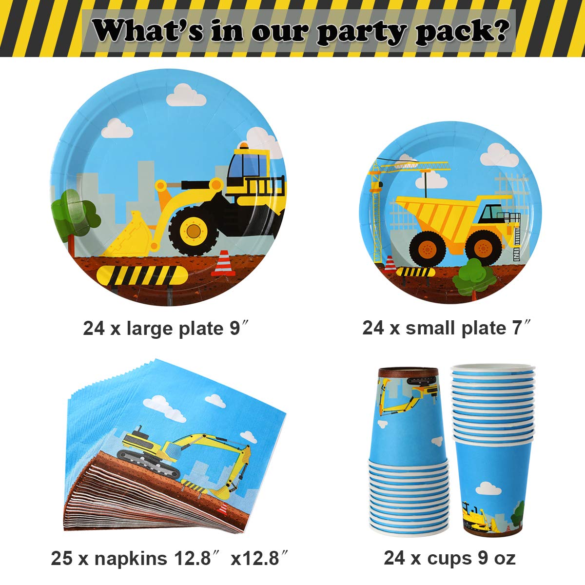 Juego de Suministros de Fiesta de Cumpleaños Camiones Excavadadores para Niños 97 Piezas