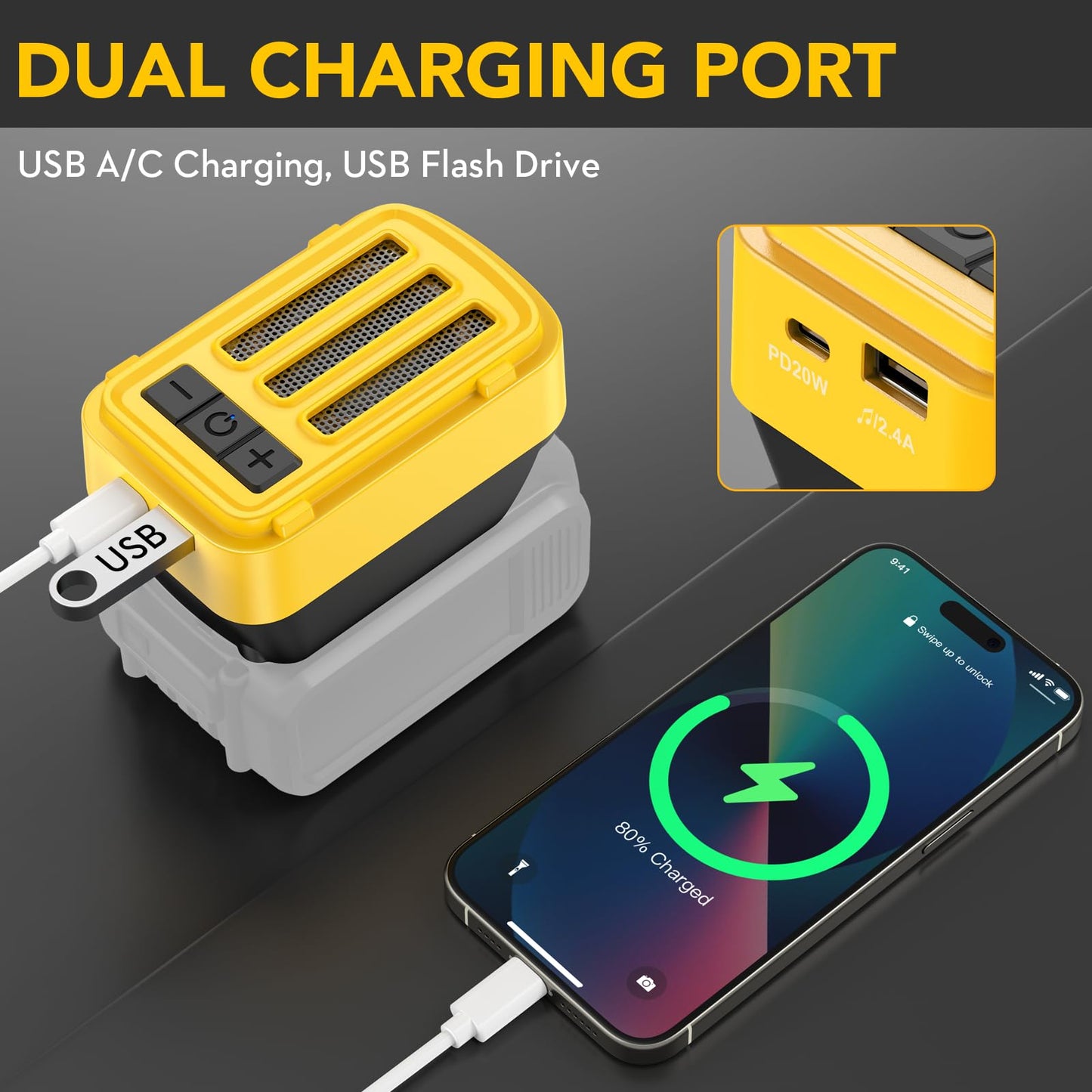SurgeSonic - Altavoz Bluetooth para batería Dewalt de 20 V máximo, altavoz inalámbrico con carga USB-A/C, para lugares de trabajo al aire última intervensión, fiestas, cochera, campamento (batería no