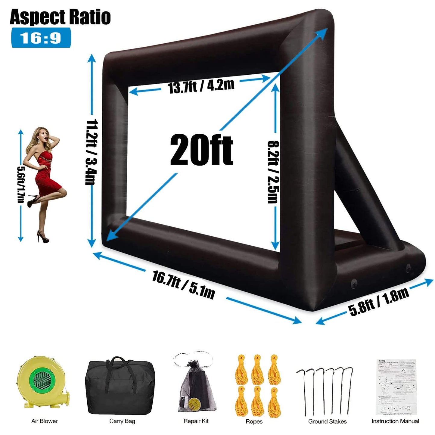 CZGBRO - visualización inflable para proyector – visualización de cine al aire última intervensión para fiestas de películas, patio trasero exterior con soplador de aire y bolsa de transporte,