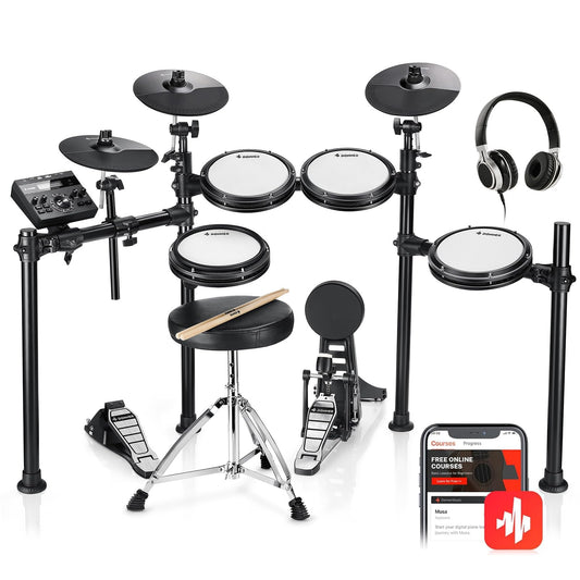 Donner DED-200 - Batería electrónica con pads de tambor de malla silenciosos, 2 platillos con función de choque, 31 kits y más de 450 sonidos, banqueta, auriculares, baquetas, USB MIDI, lecciones