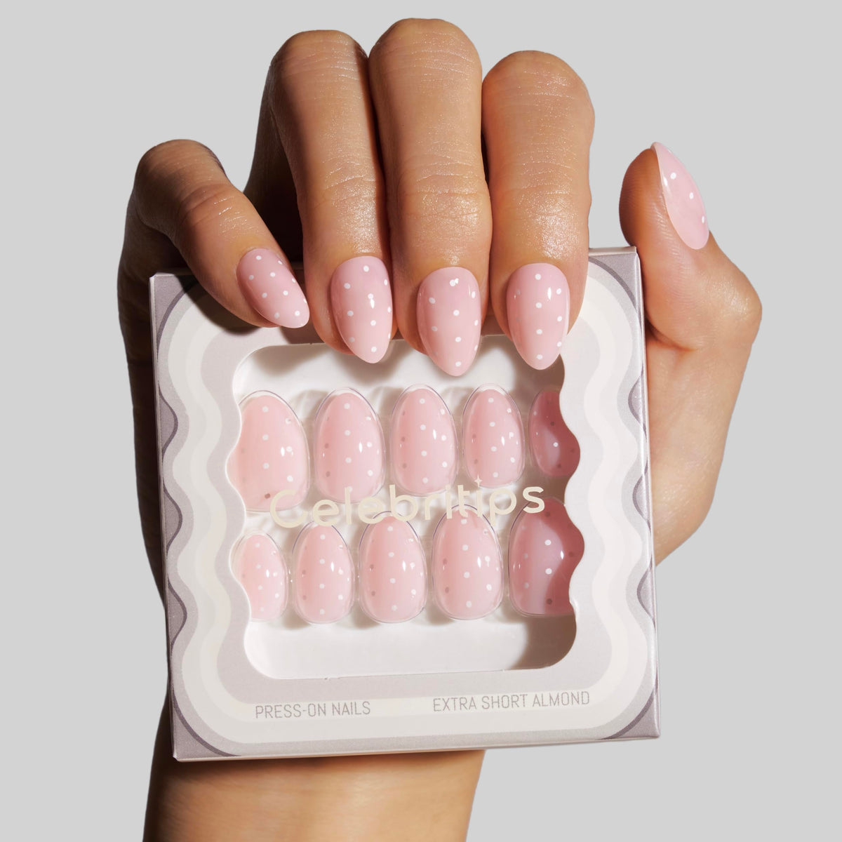 Celebritips Uñas postizas | Lunares rosa bebé, uñas almendradas extracortas, reutilizables, uñas de otoño con calidad de salón | 16 tamaños - Kit de 32 uñas con pegamento de fijación extrafuerte y pes