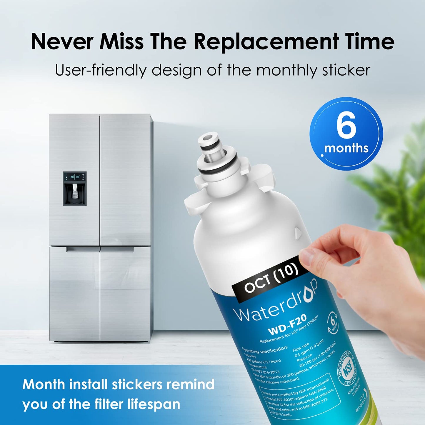 Filtro de Agua para Refrigerador Waterdrop Blanco Certificado NSF 53&42, Compatible con LG LT800P y Kenmore, Pack de 3