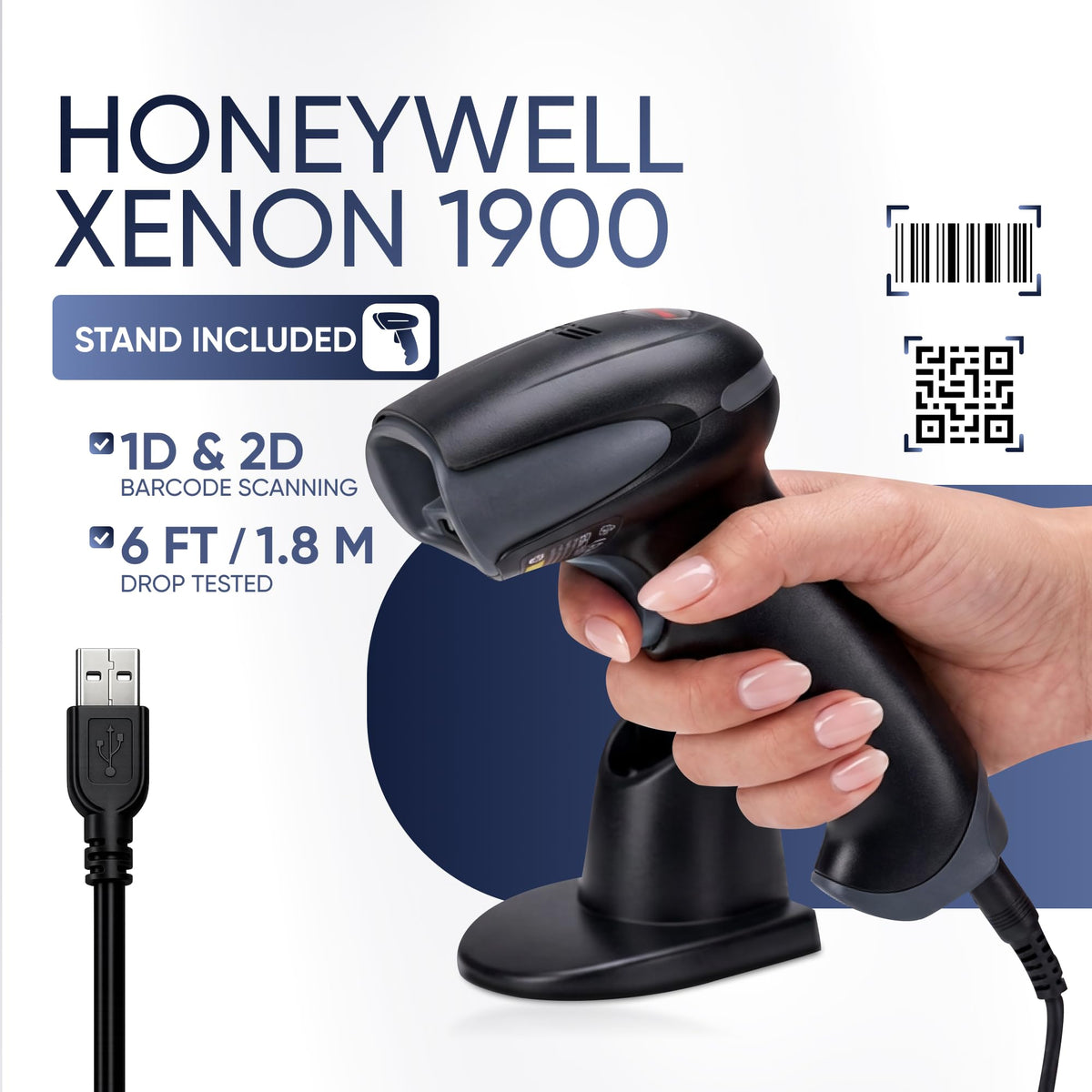 Lector de Códigos de Barras Honeywell Negro con Soporte de Trinquete Integrado y Enfoque de Rango Estándar