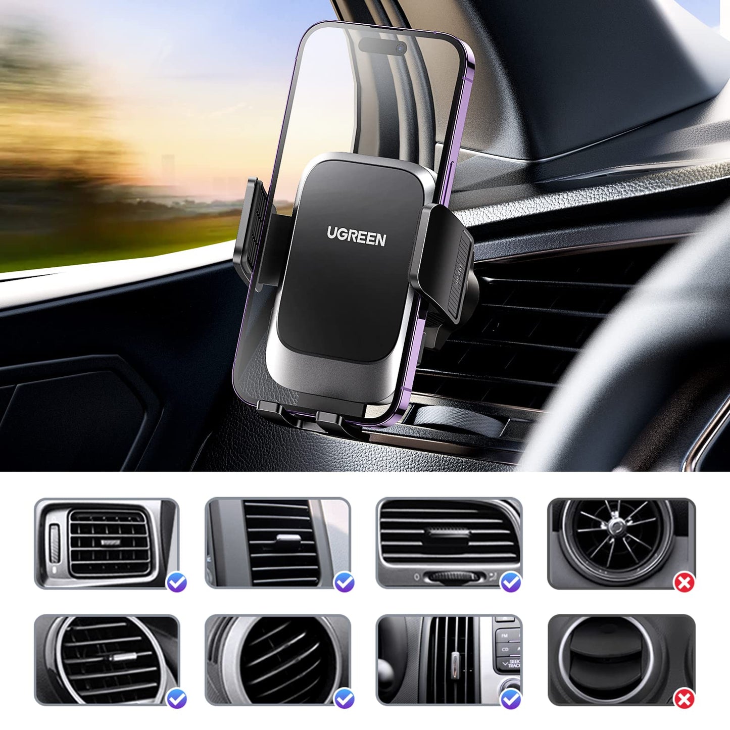 Soporte Celular Automóvil UGREEN Negro Giratorio 360° para iPhone y Galaxy