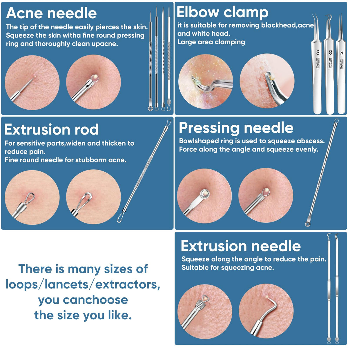 SBAILL Kit de eliminación de acnéextractor de espinillaskit de herramientas para quitar manchaspuntos blancos11 piezas para quitar la picadura para la nariz y la cara con una caja de regaloPlateado