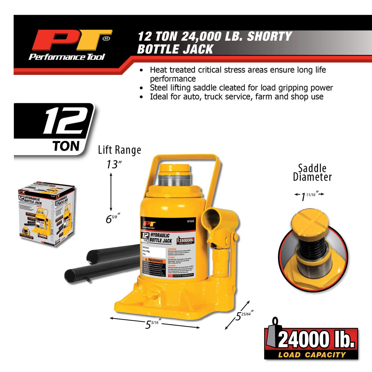 Performance Tool W1643 - Gato de botella corto resistente para mantenimiento de vehículos, capacidad de 12 toneladas (24 libras)