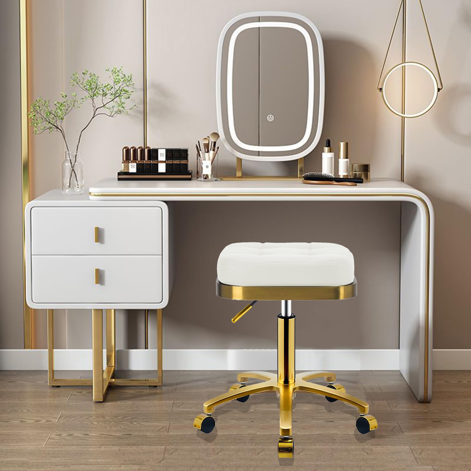 CQAEBK - Taburete giratorio cuadrado dorado ajustable con ruedas, con pestañas de cambiador, silla de rodillo de spa, masaje estético, taburete de pedicura, marco chapado en oro resistente (blanco)