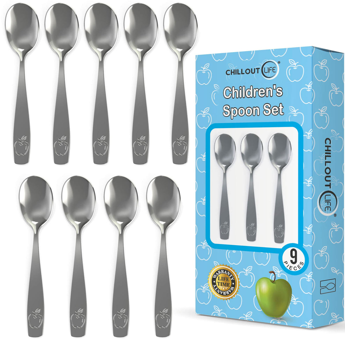 9 cucharas de acero inoxidable para niños, cubiertos seguros para niños y niños, juego de utensilios para niños, juego de cubiertos de metal para niños, juego de cucharas de cena, cucharas pequeñas para postre, incluye un total de 9 cucharas pequeñas para