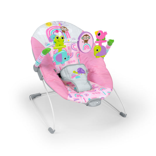 Bright Starts Pink Paradise - Gorila portátil para bebé con asiento vibratorio para bebé y barra de juguetes, peso máximo 20 libras, edad de 0 a 6 meses
