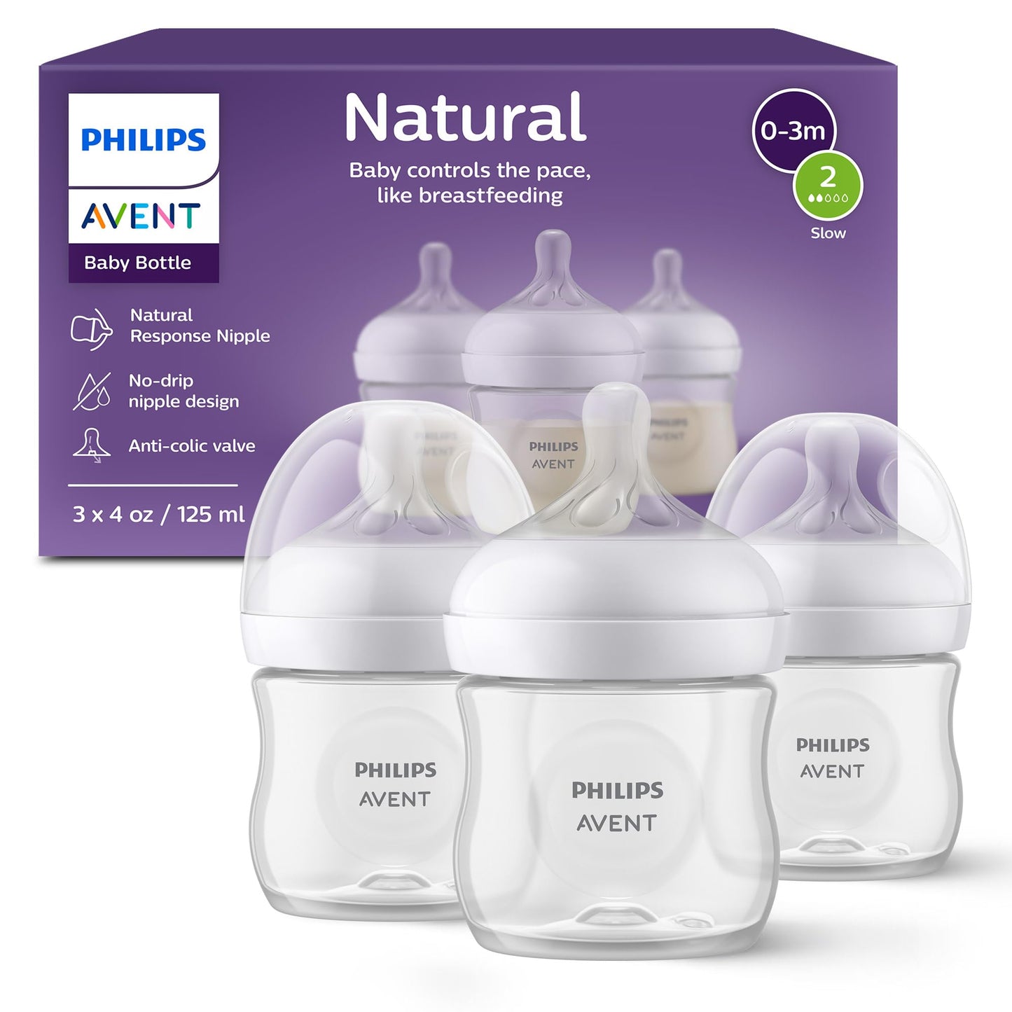 Philips Avent Avent - Paquete de 3 biberones Natural Baby Bistec con Tetina Natural Response, Transparente, 120 ml (4 oz)
