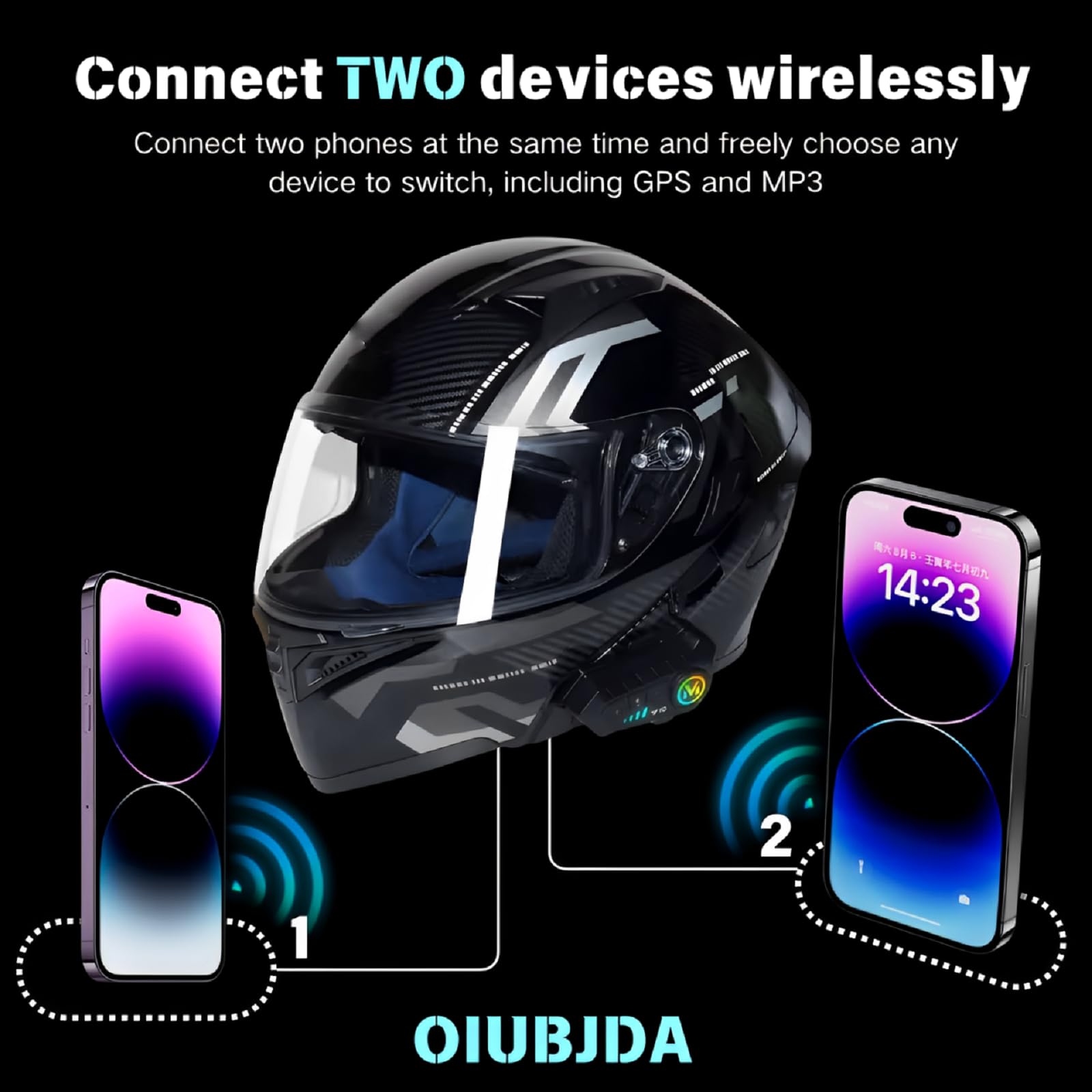 OIUBJDA Intercomunicador para Casco, Accesorios para Moto cascoImpermeable, Cancelación de Ruido Auriculares 5.3 Bluetooth para Motocicleta, micrófono Incorporado, Cable de cargadu, racion 32h, Siri