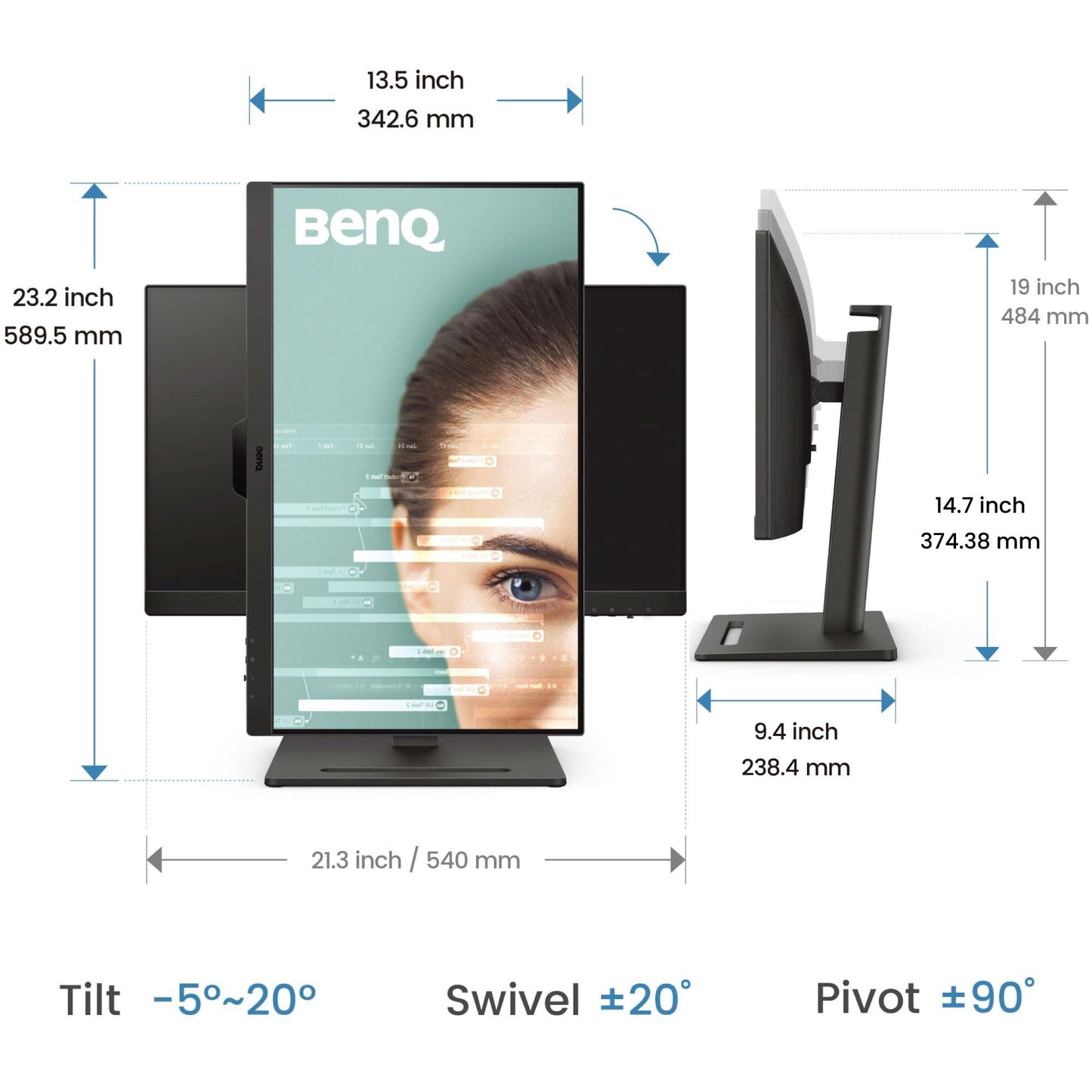 BenQ GW2490T - Monitor de computadora de 24 Pulgadas, 100 Hz, FHD 1920 x 1080p, IPS | Tecnología de Cuidado de los Ojos, luz Azul Baja, antideslumbrante, Brillo Adaptable, Altura e inclinación