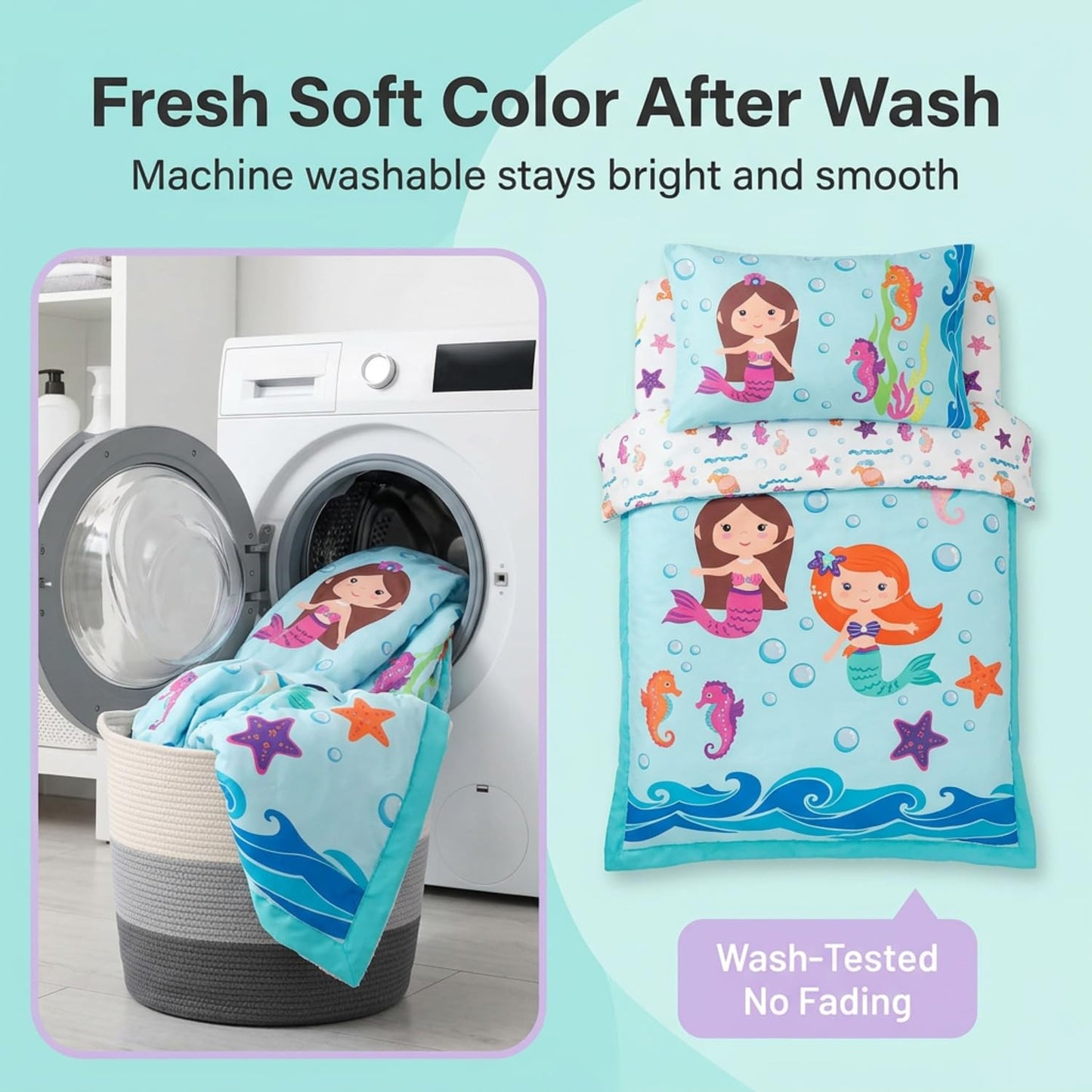 EVERYDAY KIDS Juego de ropa de cama de 4 piezas para niños pequeños -Aventura de Sirenas Submarinas- Incluye edredón, sábana encimera, sábana bajera y funda de almohada reversible