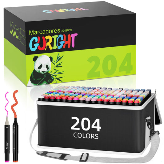 GURIGHT Set De 204 Plumones Marcadores Con Doble Punta, Rotuladores Para Colorear con Base, Juego de Marcadores Con 204 Colores Diferentes, Rotuladores Pluma de Acuarela de Dibujo