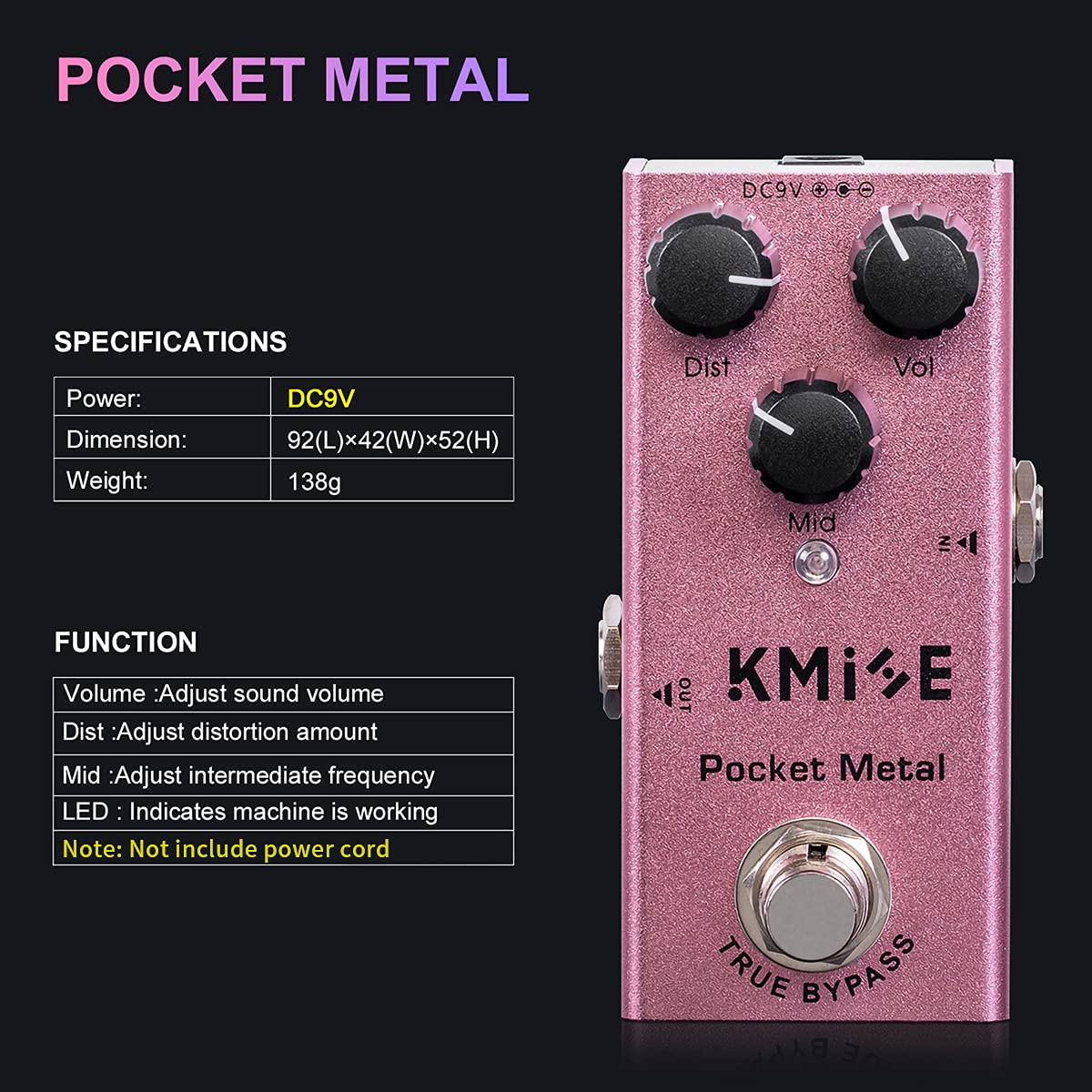 lotmusic Pedal de efectos de guitarra eléctrica Mini tipo único DC 9V True Bypass (Pocket Metal)
