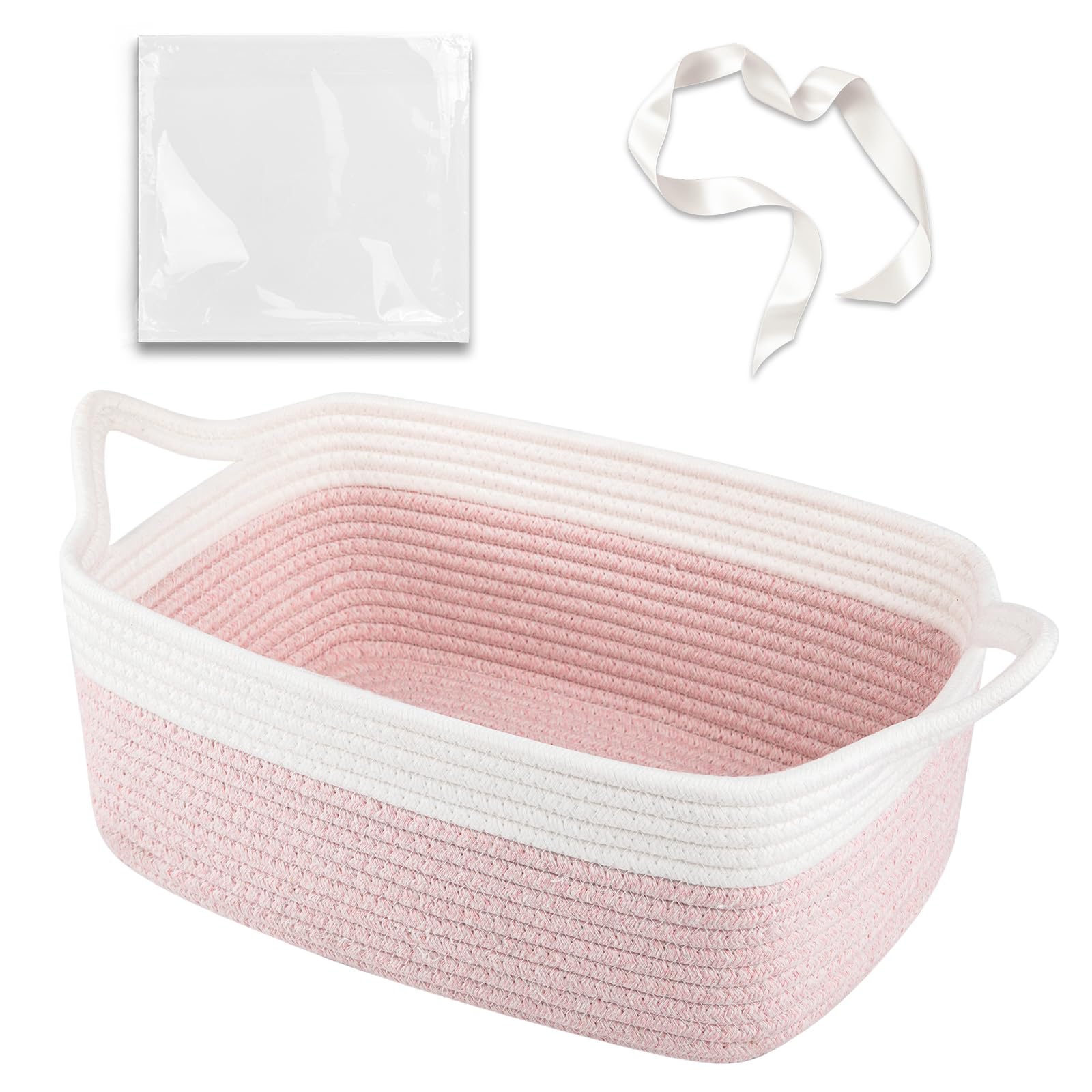 OIAHOMY Cesta tejida pequeña con bolsas de regalo y cintas, cesta de regalo vacía para bebé, cesta de almacenamiento con asas para orejas de gato para estante, sala de estar, baño, cesta de juguetes