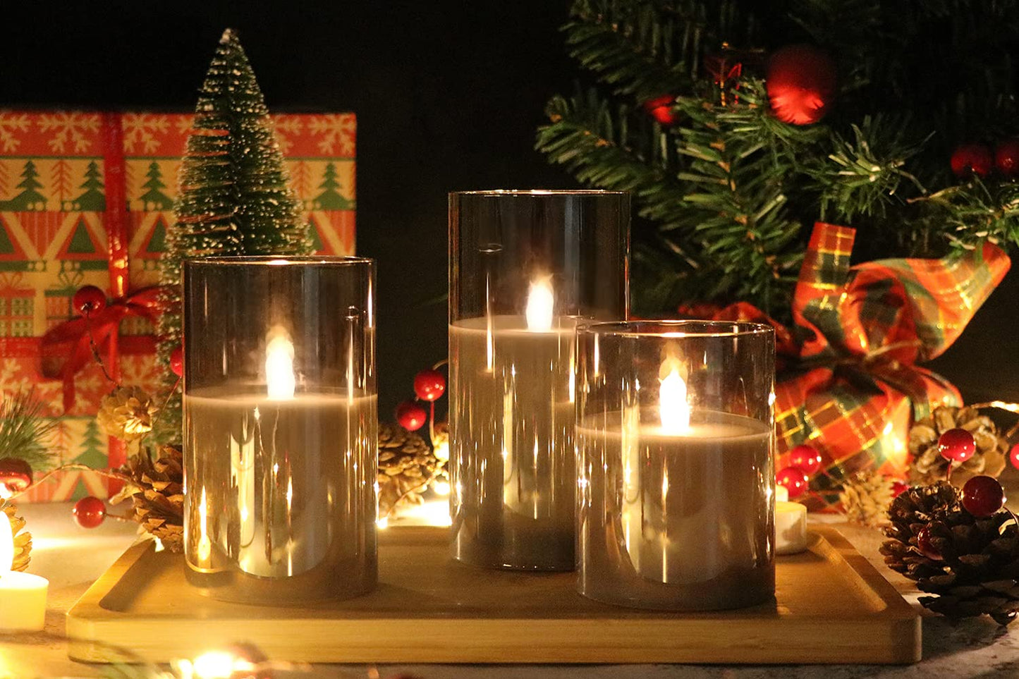 GenSwin - Velas led sin llama de vidrio gris con control remoto de 10 teclas y temporizador, velas de cera real, luz blanca cálida parpadeante para decoración del hogar (juego de 3)