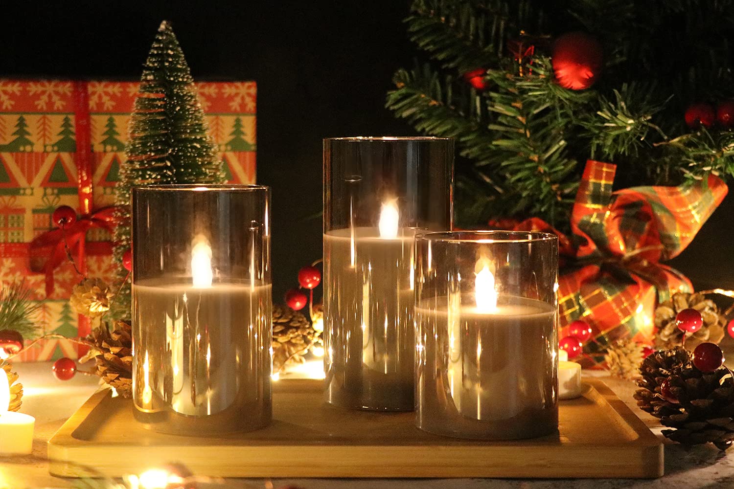 GenSwin - Velas led sin llama de vidrio gris con control remoto de 10 teclas y temporizador, velas de cera real, luz blanca cálida parpadeante para decoración del hogar (juego de 3)