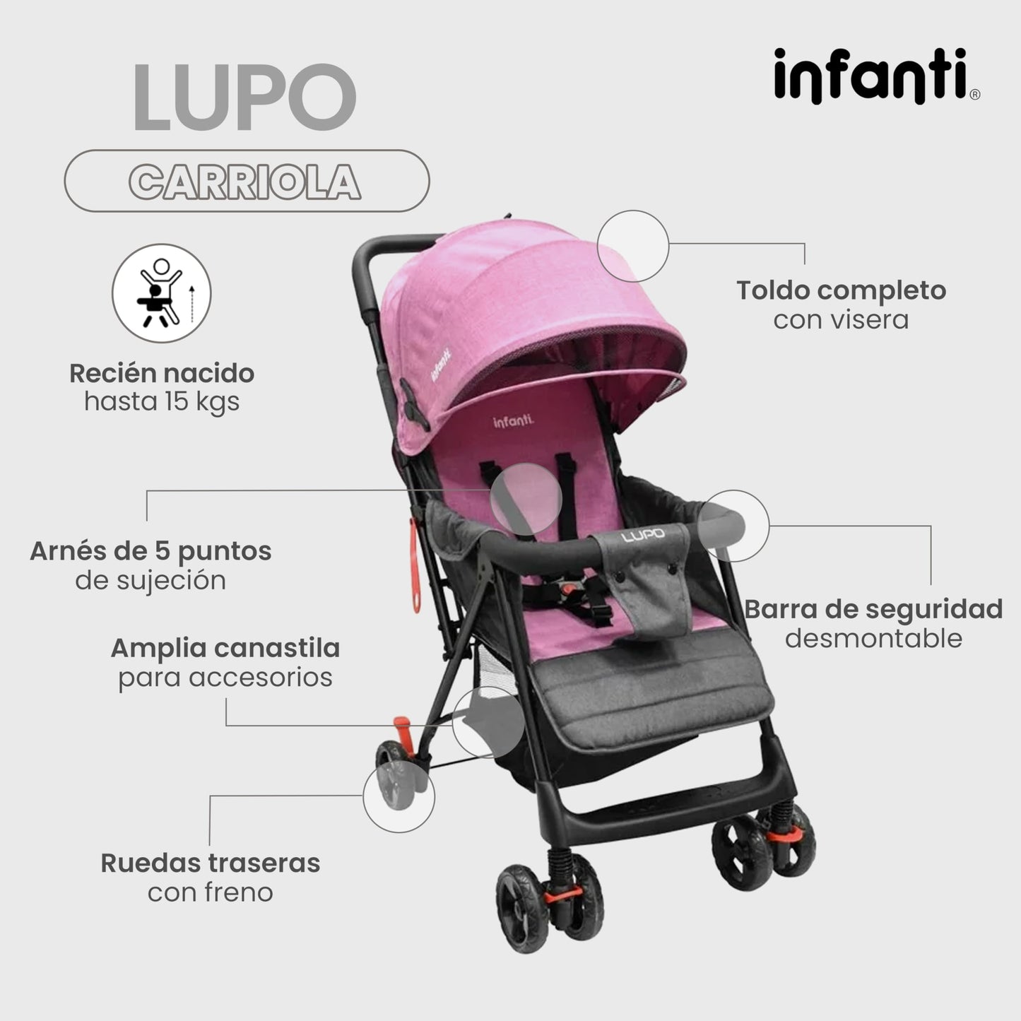 INFANTI | Carriola para Bebe Lupo Rosa | Carriola De Viaje para Bebé - Carreola con Arnés de 5 Puntos - Reclinación Ajustable | Toldo Completo con Visera - Barra de Seguridad y Ruedas con Seguro