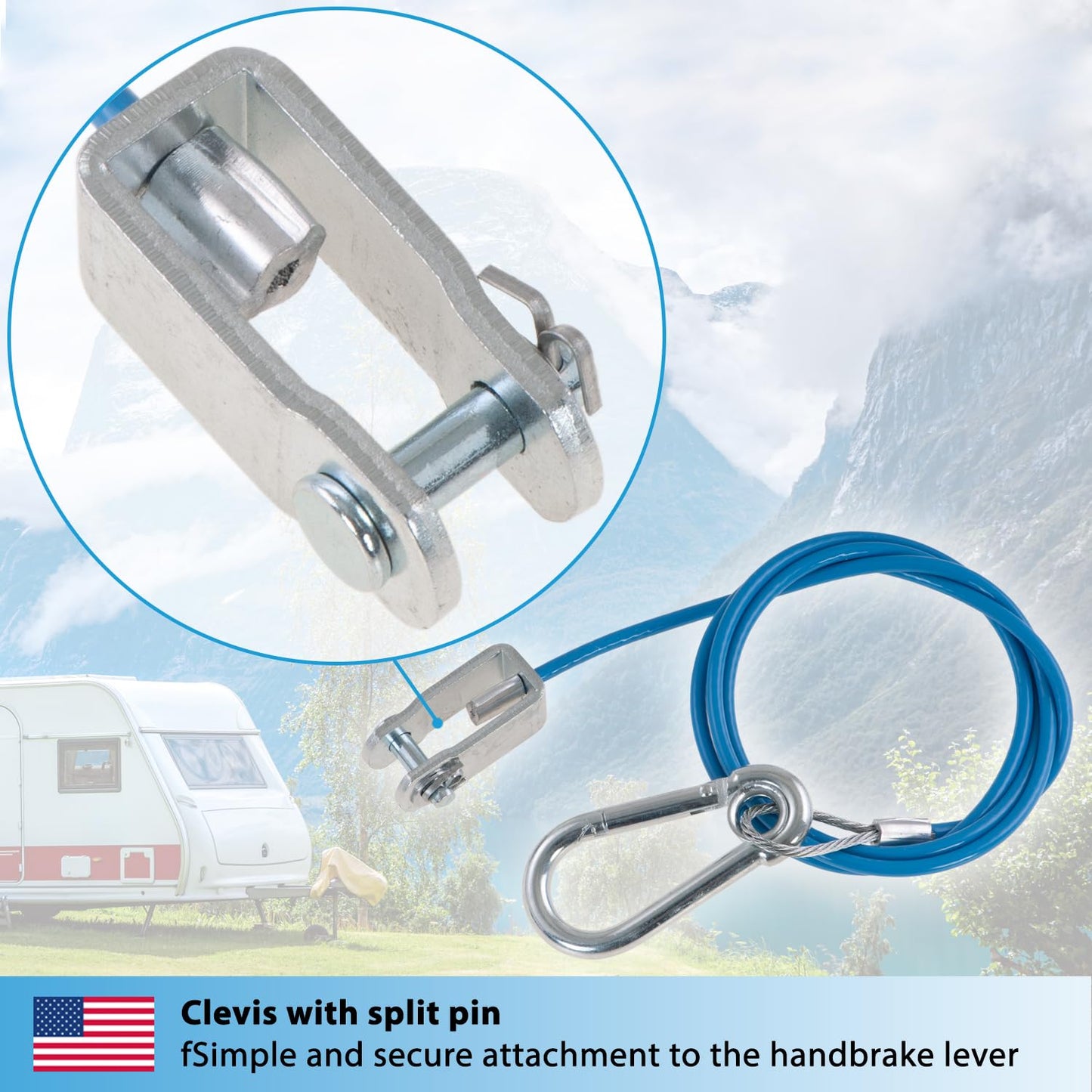 Valonic Cable Breakaway para remolques y caravanas, 1 m, azul, con mosquetón, 250 kg de resistencia a la rotura, cable Breakaway con cabeza de horquilla (grillete), Ripcord, cable Breakaway