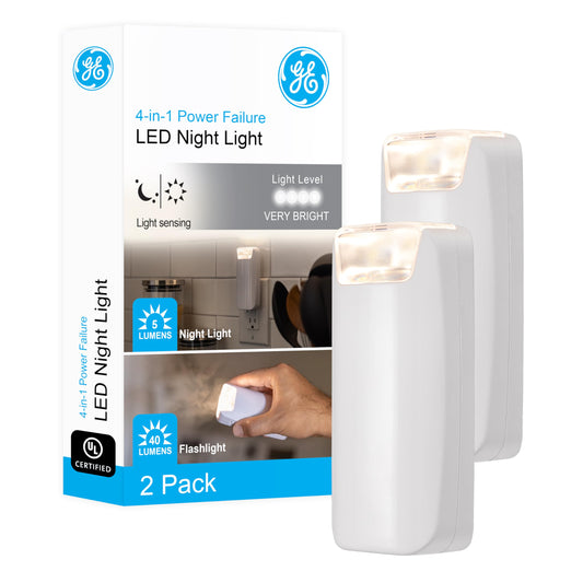 Luz nocturna LED de falla de energía 4 en 1 GE, paquete de 2, sensor de anochecer a amanecer, 40 lúmenes, enchufe plegable, para linterna de emergencia, tormenta, huracán, blanco, 49578