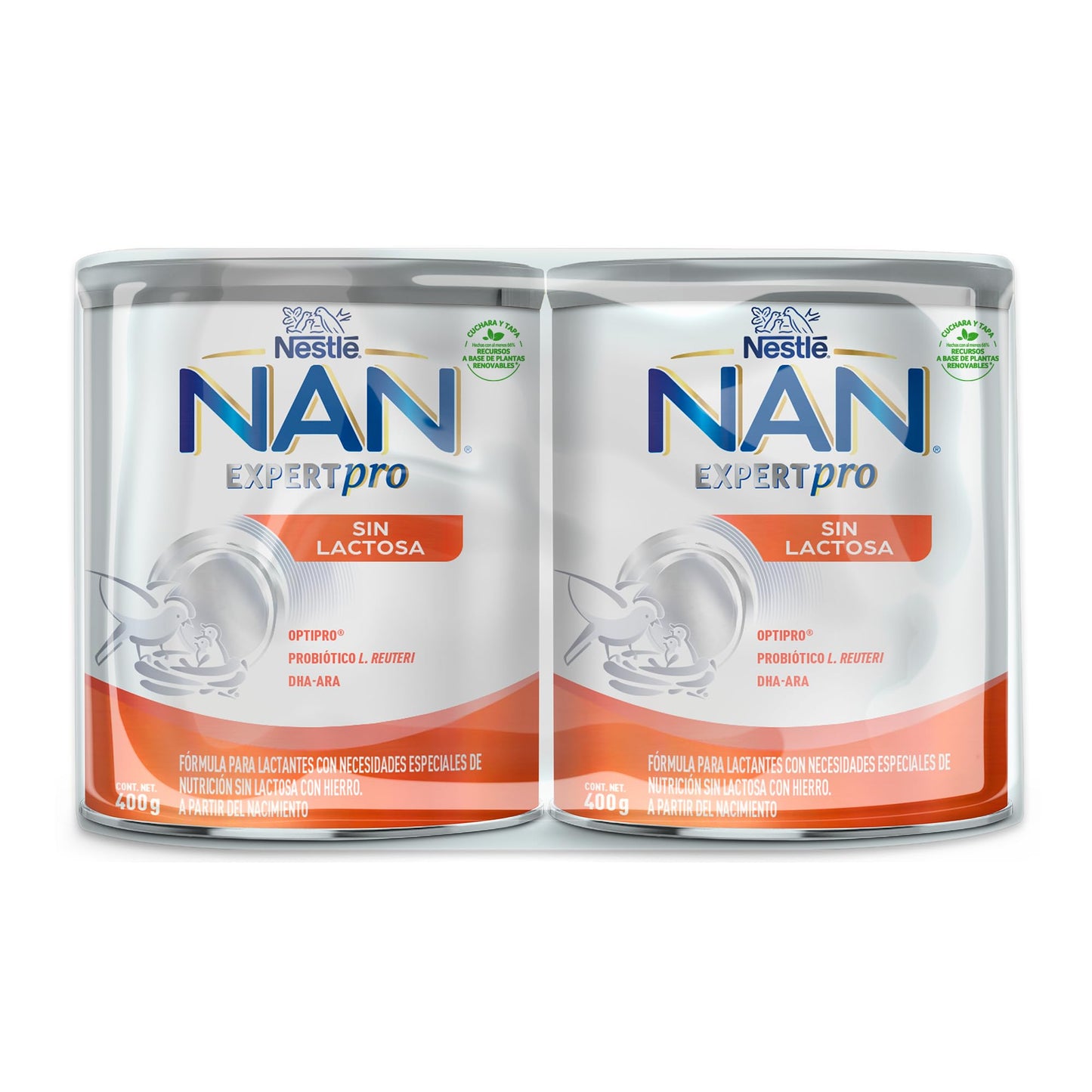 NAN Sin Lactosa, Fórmula Para Lactantes, A Partir Del Nacimiento, Sin Lactosa, Con Hierro, Pack de 2 Latas de 400 g c/u