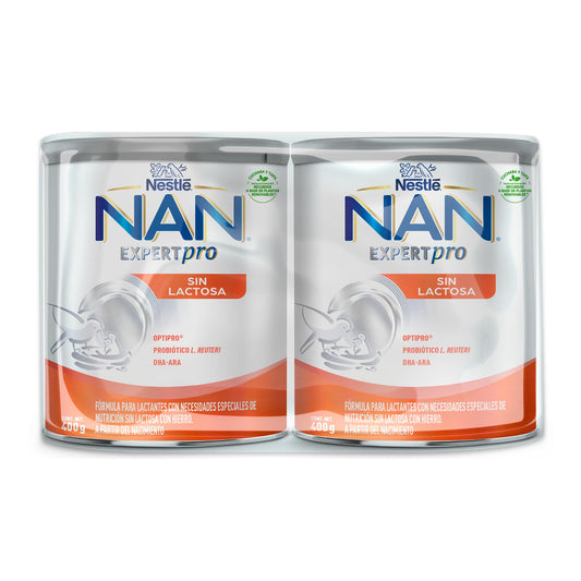 NAN Sin Lactosa, Fórmula Para Lactantes, A Partir Del Nacimiento, Sin Lactosa, Con Hierro, Pack de 2 Latas de 400 g c/u