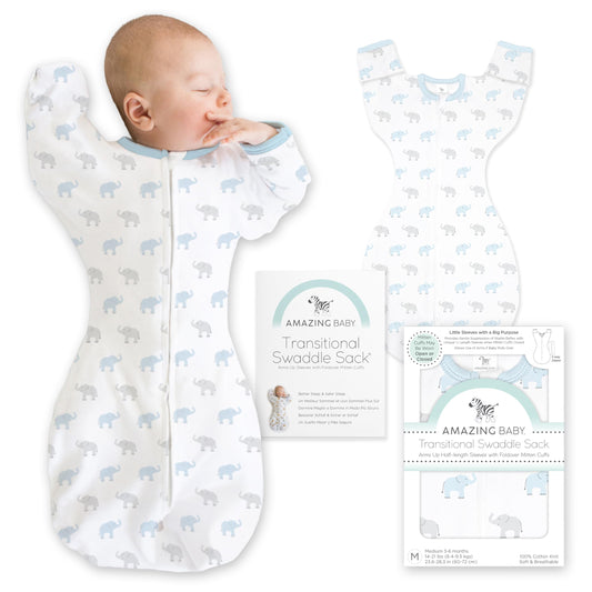 Increíble Saco de transición para bebé con Brazos hasta Medias Mangas y puños de manopla, pequeño, 0-3 Meses, 6-14 Libras, pequeños Elefantes, Azul (Envolvente de Brazos Arriba, Saco de Dormir de