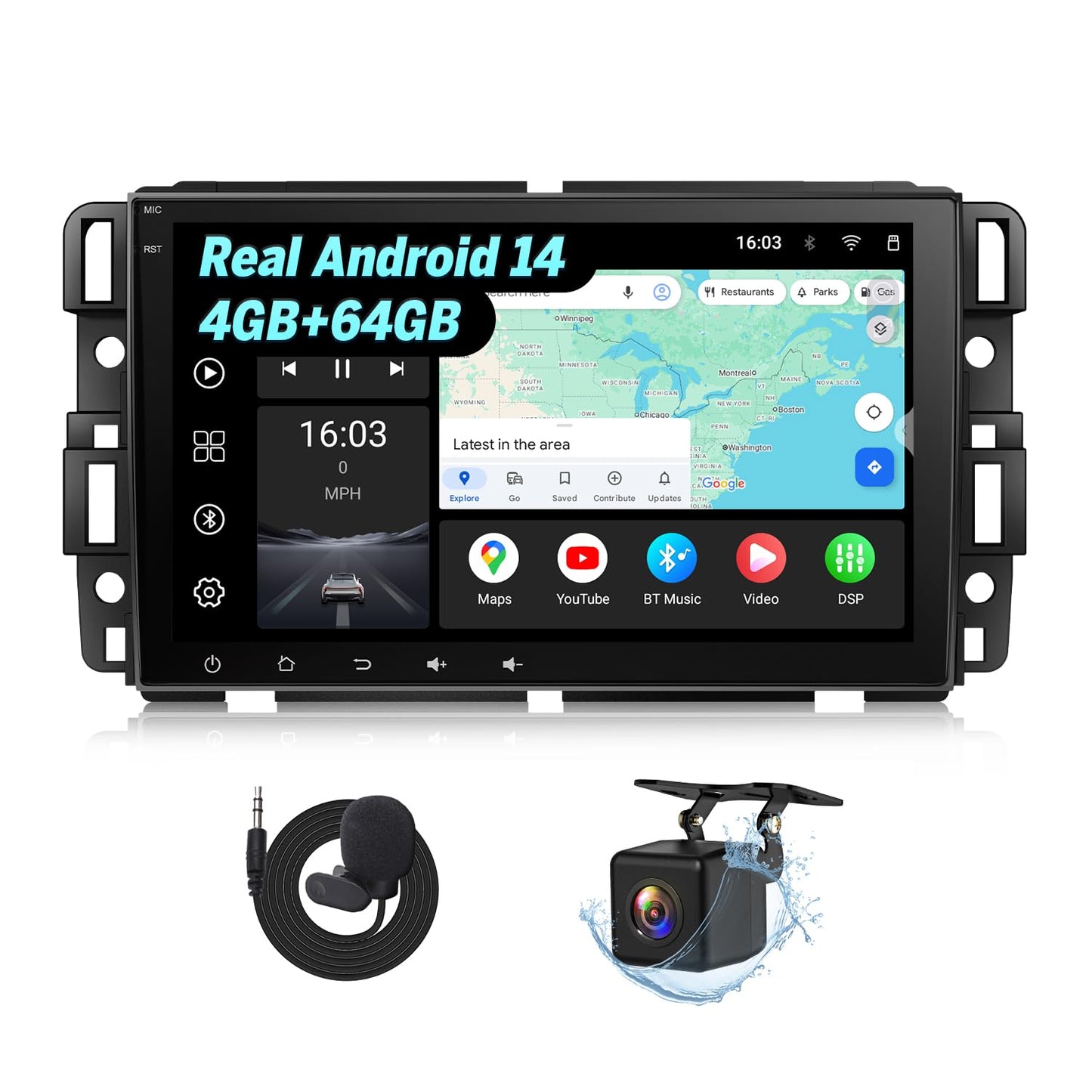 EononGMX7A 4G+64G Android 14 estéreo de coche compatible con GMC/Chevy/Buick Wireless CarPlay y Android Auto, radio de coche con visualización táctil de 8 pulgadas, SWC, Bluetooth, navegación, cámara