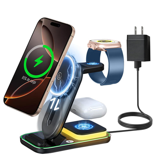 Cargador Inalámbrico 5 en 1 con 18W Cable USB-C a C de 1M y Luz Ambiental en 3 Colores,Altura Ajustable,Compatible con Samsung Galaxy,iPhone 12/13/14/15/16 Pro Max,AirPods 2/3/4/Pro y Apple Watch