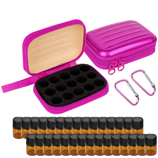 Biiange - 2 mini estuche para botellas de aceite esencial, caja de almacenamiento de aceite esencial, con 30 botellas de aceite esencial de 1 ml, para hogar, exteriores, aromaterapia de viaje (15