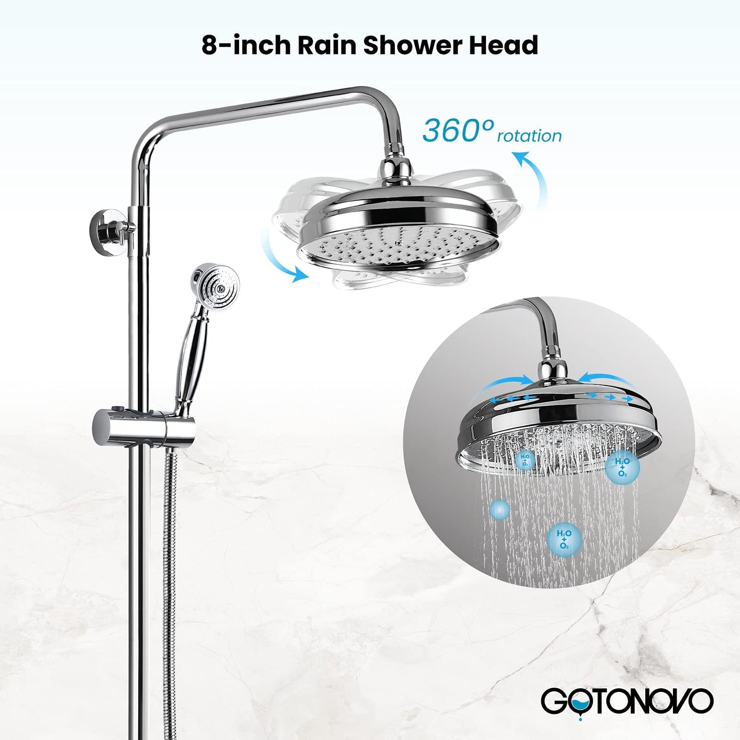 gotonovo - llave de ducha de baño, mezclador de lluvia redondo de 8 pulgadas, doble asa cruzada con boquilla para tina, montaje en pared, accesorios de ducha de baño, pulverizador de mano de metal de