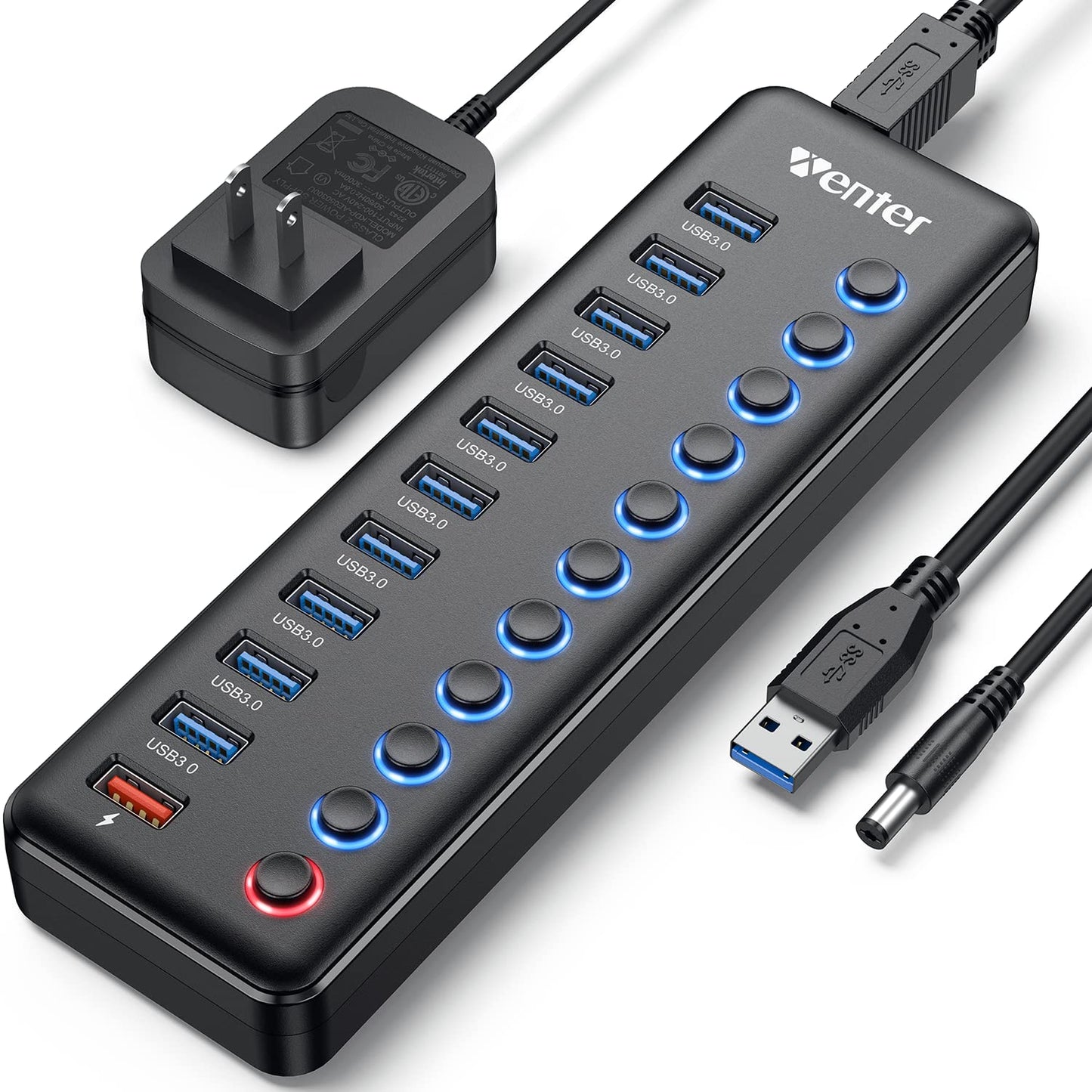 Concentrador USB Wenter Alimentación LED 11 Puertos Transferencia Rápida y Carga Inteligente