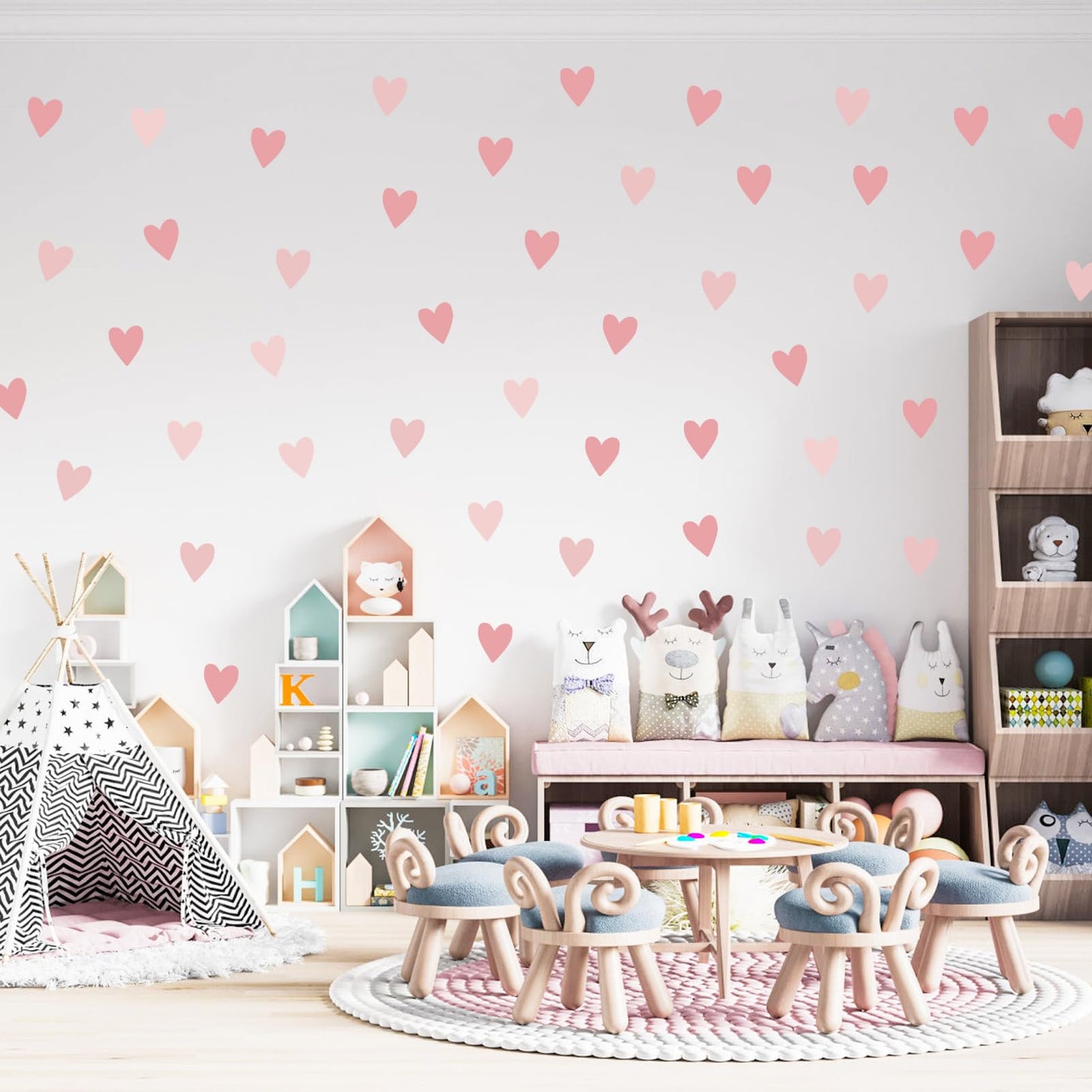 Pegatinas de pared de corazón rosa, calcomanías de pared para habitación de niños, diseño de corazón amor, lindo cuarto de bebé, decoración extraíble estilo rosa (corazón rosa)